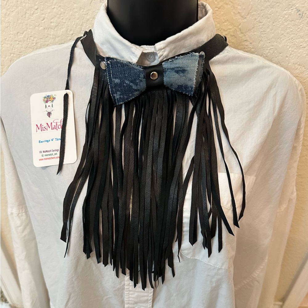 Leather Black Fringe and Denim Bow Tie necklace